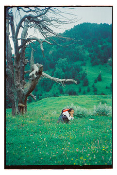 Person kneeling in grass near tree in a green field