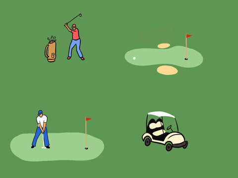 Golfers Practicing on a Course with golf cart and bag of clubs