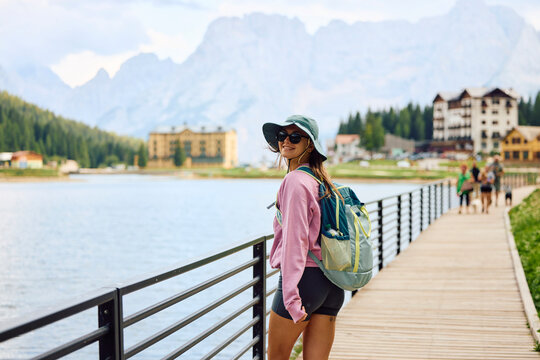 Woman visits Lake Misurina, Italy