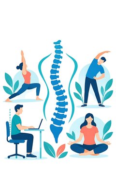 Healthy spine care illustration featuring people practicing yoga and correct ergonomic sitting posture for back wellness.