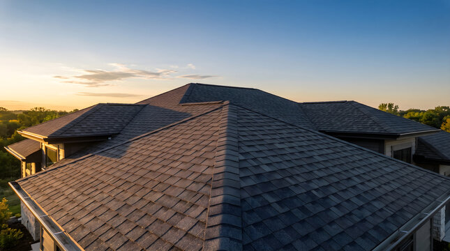 An asphalt shingle roof with ridge caps on a modern residential home during sunset with clear sky