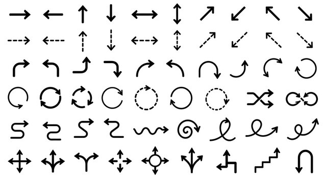 Comprehensive collection of thin black linear arrow icons on white background