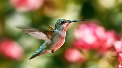 Fototapeta premium Hummingbird hovering near pink flowers with colorful wings in a natural garden background for wildlife design.