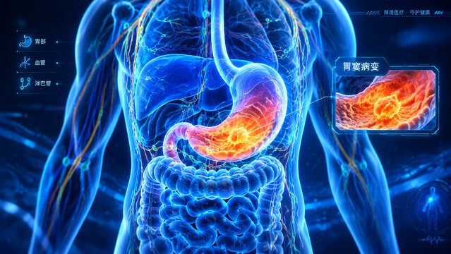 Stomach Cancer, 3D Medical Illustration Showing Malignant Tumor in Human Stomach Tissue