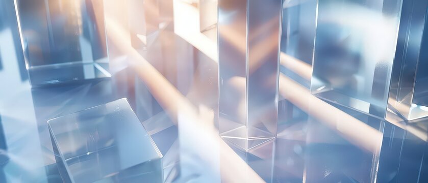 Modern abstract composition with vertical glass panels reflecting soft sunset light in orange and blue tones. Elegant background for technology, architecture, or luxury branding visuals