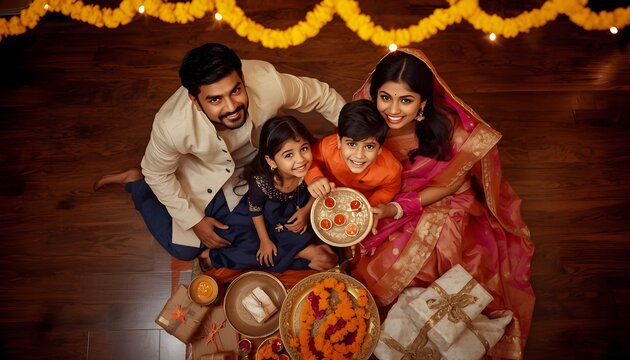 Asian Indian young family of four celebrating Diwali, Bhai Dooj or Raksha Bandhan