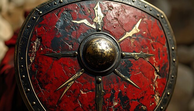 Ancient Roman legionary shield decorated with bold lightning bolt symbols