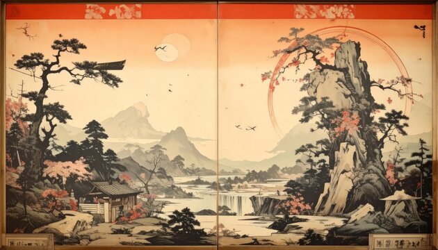 Japanese Scenic Landscape Painting with Cherry Blossoms and Waterfall