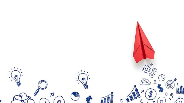 Red paper airplane soaring above a landscape of hand-drawn business icons, symbolizing startup success, creative innovation, and strategic growth towards a prosperous future