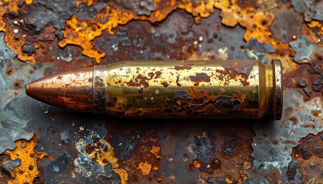 Old corroded bullet shell casing with weathered rusty metal texture