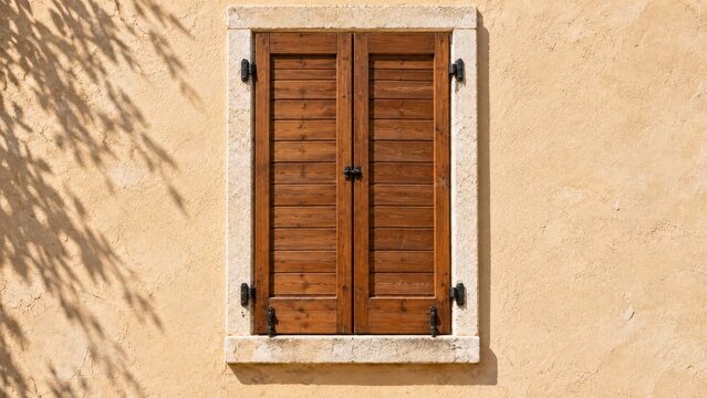 Rustic Wooden Shutters on Sunlit Textured Wall