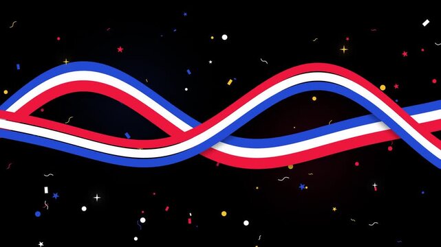 Red white and blue wavy ribbon animation with falling confetti celebration motion background