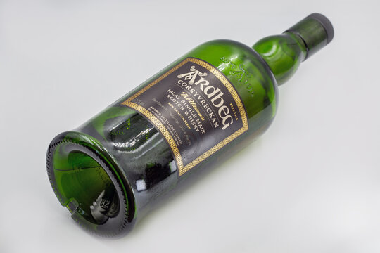 Ardbeg Corryvreckan Islay single malt whisky bottle closeup on white.