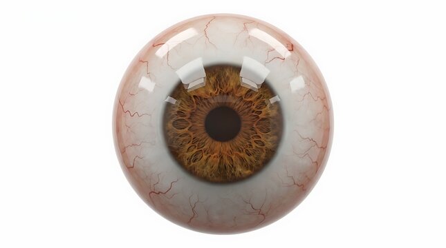 Detailed close-up render of a human brown eye showing iris texture and blood vessels isolated on white background