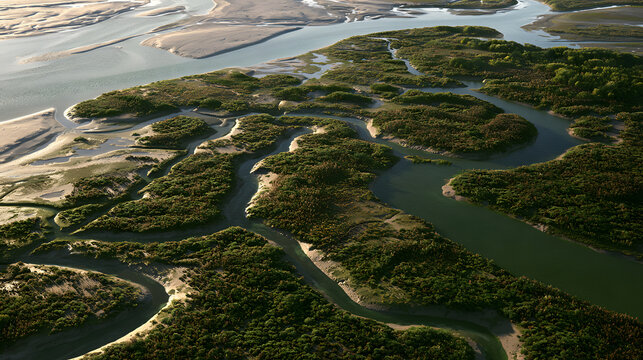 A fictional salt marsh seen obliquely from above narrow branc