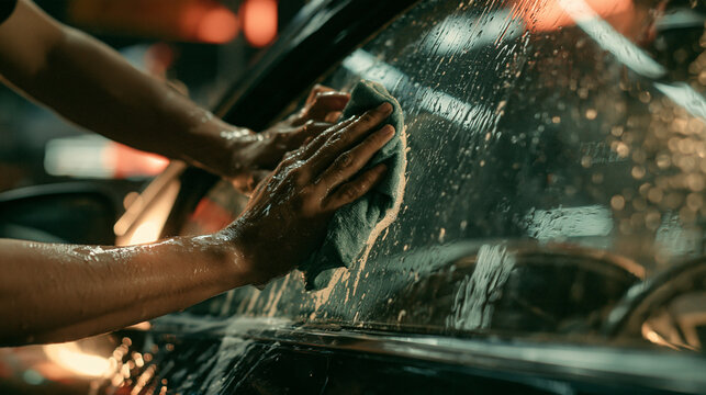 Close-up of a person's hands meticulously washing and cleaning the side window of a car with a cloth and soapy water, highlighting professional auto detailing, car care, and vehicle