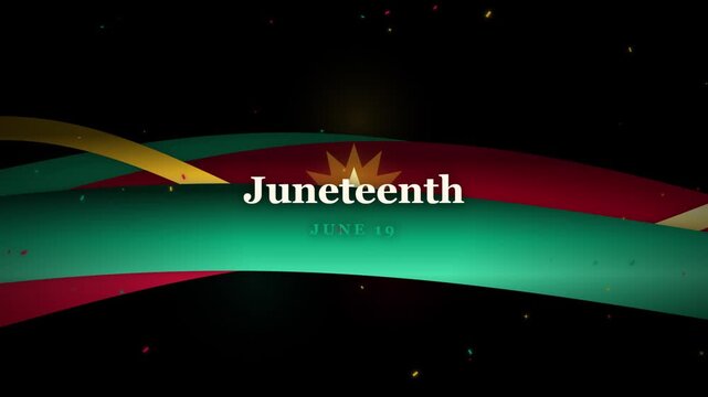 Juneteenth celebration motion background, with red green, and gold waving, ribbons and confetti