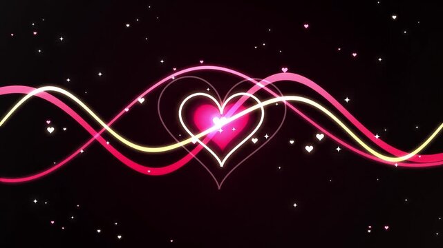 Romantic heart animation with glowing neon waves and floating particles with motion background