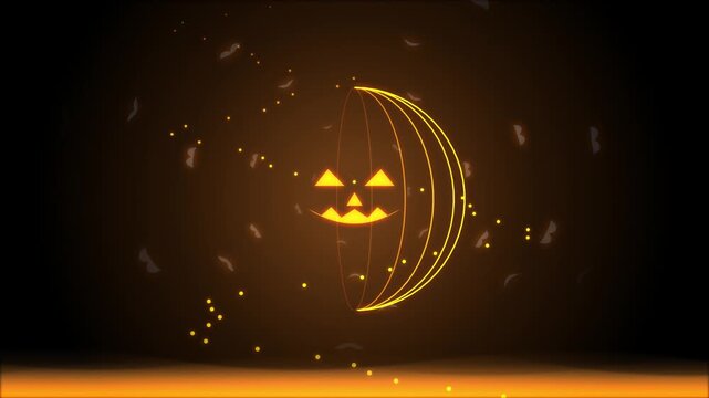 Glowing neon jack-o-lantern Halloween motion background, with flying bats