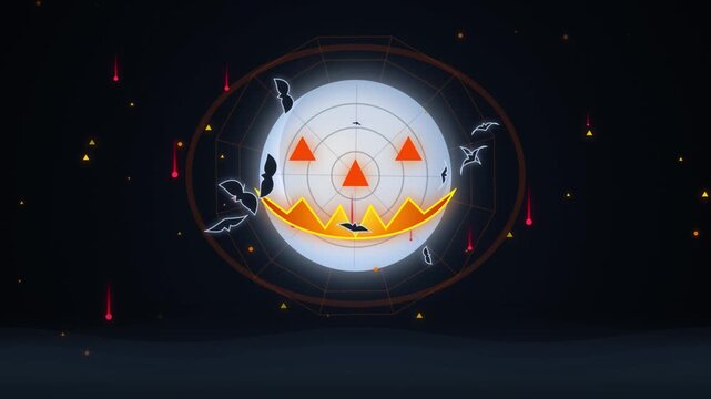 Halloween jack-o-lantern moon animation with flying bats and falling motion sparks