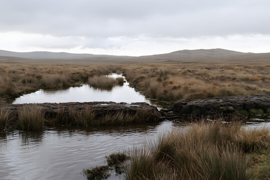 A fictional peatland drainage ditch interrupted by a low comp