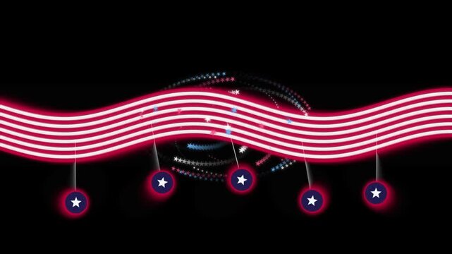 Patriotic waving American flag stripes with glowing stars motion background