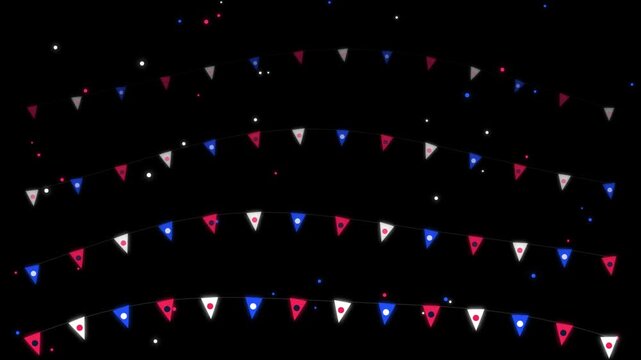 Festive red white and blue bunting flags animation with confetti overlay
