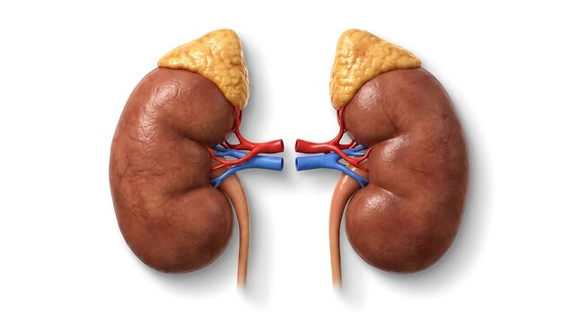 Medical illustration of human kidneys with adrenal glands, renal arteries, veins, and ureters isolated on white background