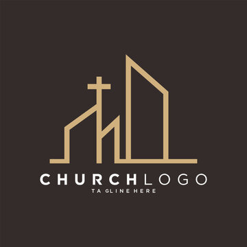 Modern Church Building Logo Design with Cross Symbol.
