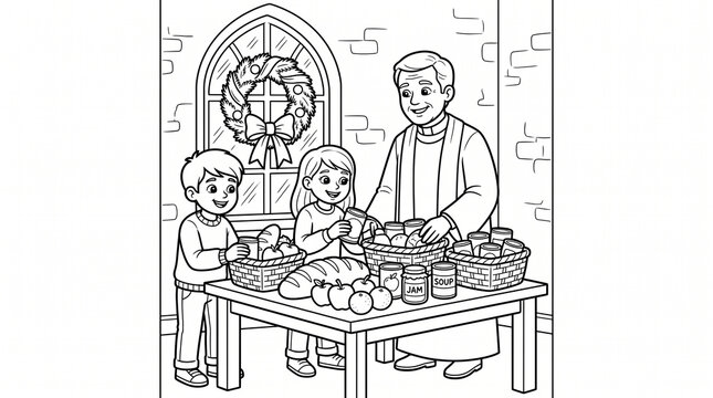 Priest in vestments and smiling young boy and girl filling woven baskets with bread loaves, apples, and food cans coloring page stock illustration&mdash;featuring church gothic window with pine wreath, wood