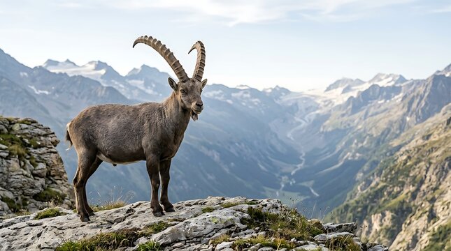Alpine ibex standing on a rocky mountain cliff overlooking a glacial valley
