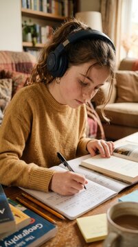 Teen studying at home wearing headphones writing notes in a notebook for study background and education banner design