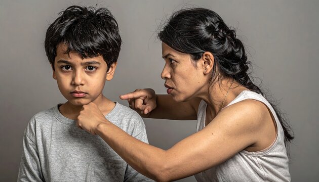 Mother scolding a sad young son with pointing finger during family discipline