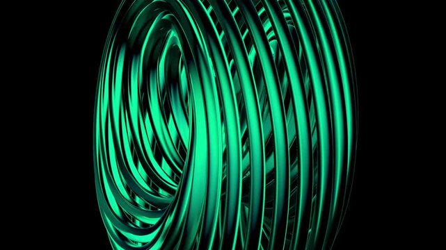 Abstract 3D render Rotating Emerald Green Torus Seamless Loop Video, Glowing Metallic Wire Knot Motion Graphics, Futuristic Cybernetic Coil Spin &ndash; Sphere-like tangled green wire ring