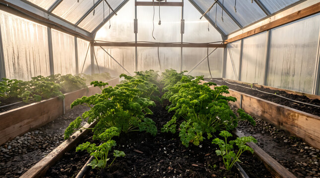 Fresh green curley parsley growing inside a modern industrial greenhouse with raised wooden garden beds