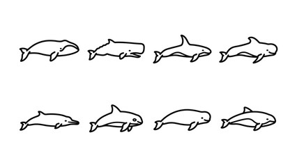 Cetacean Collection: A simple line drawing collection showcasing various marine mammals including whales and dolphins in a whimsical artistic style. © Nahida