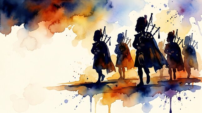 Watercolor illustration of a group of Scottish bagpipers marching in a traditional performance