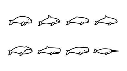 Whale Family Portrait: A charming collection of simple, hand-drawn illustrations showcases various types of whales, from dolphins to narwhals, in a stylized array. © Nahida