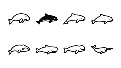 Marine Mammal Icon Set: A collection of minimalist black and white line drawings depicts various marine mammals, including a manatee, dolphin, porpoise, whale, and narwhal. © Nahida