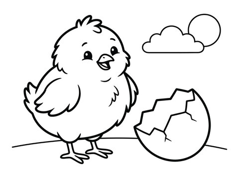 Newly hatched chick looking at broken eggshell in simple cartoon illustration