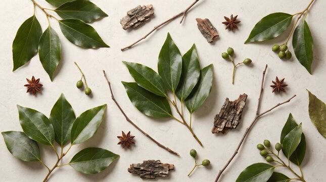 Flat lay composition with cinnamomum camphora leaves, bark, seeds, and star anise spices on white surface