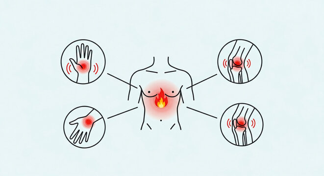 Illustration of human body parts with red radiating pain indicators, symbolizing pain and discomfort in joints and chest. Representative of medical conditions.