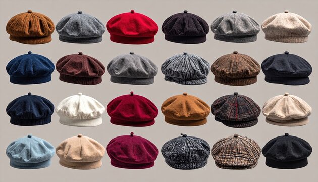 Collection of stylish fashion berets made from various materials