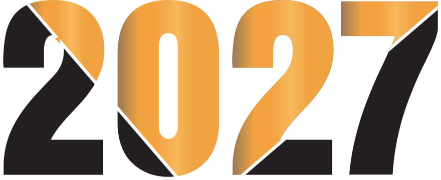 Bold two thousand twenty seven number graphic in orange and black with a white background