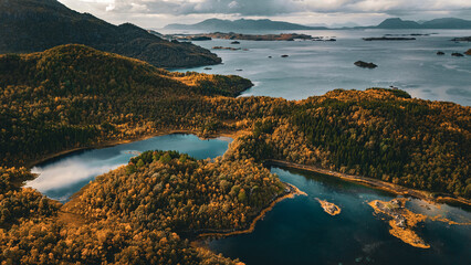 Panoramic aerial view of a scenic fjord and lake surrounded by golden autumn forest in northern Norway © Quality by Simon