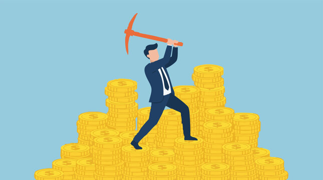 Businessman mining wealth with a pickaxe on a mountain of gold coins