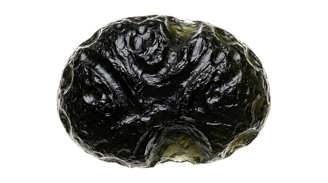 Natural raw green moldavite tektite meteorite stone with textured surface isolated on white background