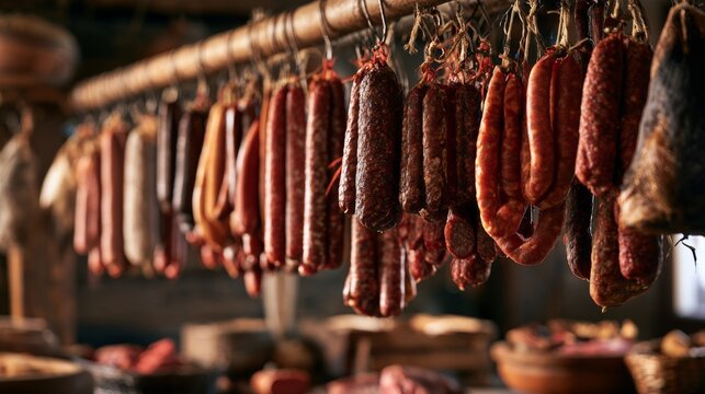 Traditional Cured Sausages Hanging in Rows Inside a Rustic Setting, Perfect for Culinary and Food Photography
