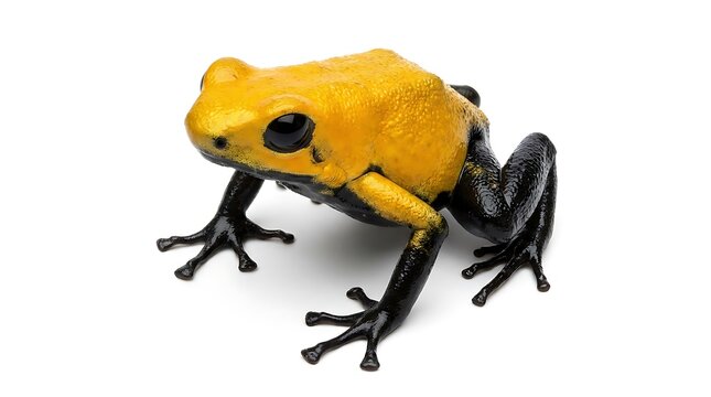 Stunning golden poison frog with vibrant yellow skin and black legs sitting isolated on white background