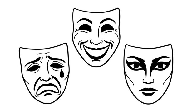 Hand drawn theater masks set comedy tragedy dramatic performing arts vector icons